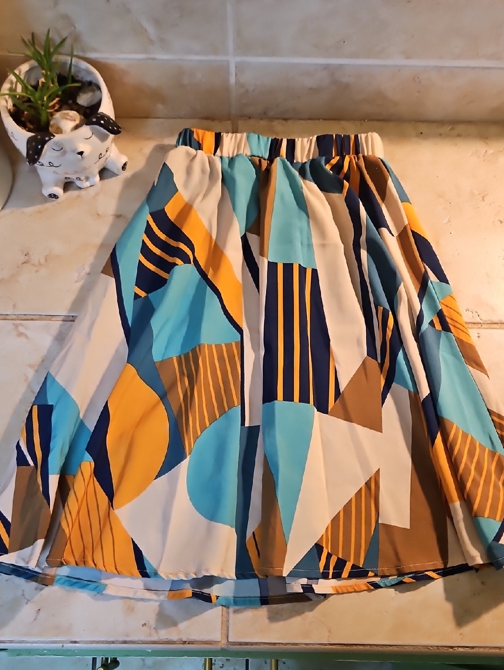 Girl's Geometric Print A-Line Skirt - Blue & Mustard